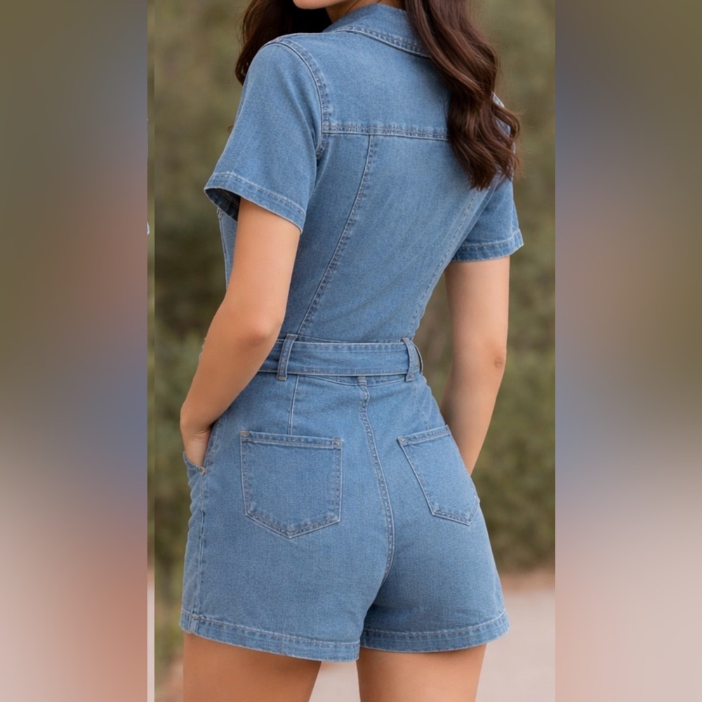 Women's Light Blue Denim Short-Sleeve Zip Romper with Belt - Picture 3 of 8